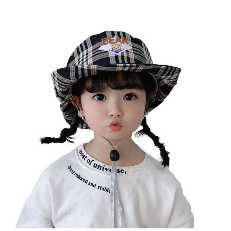 3 4 5 tahun Topi Bucket Bear Motif Kotak Unisex Anak Laki Laki Perempuan Model Lipat Dengan Tali