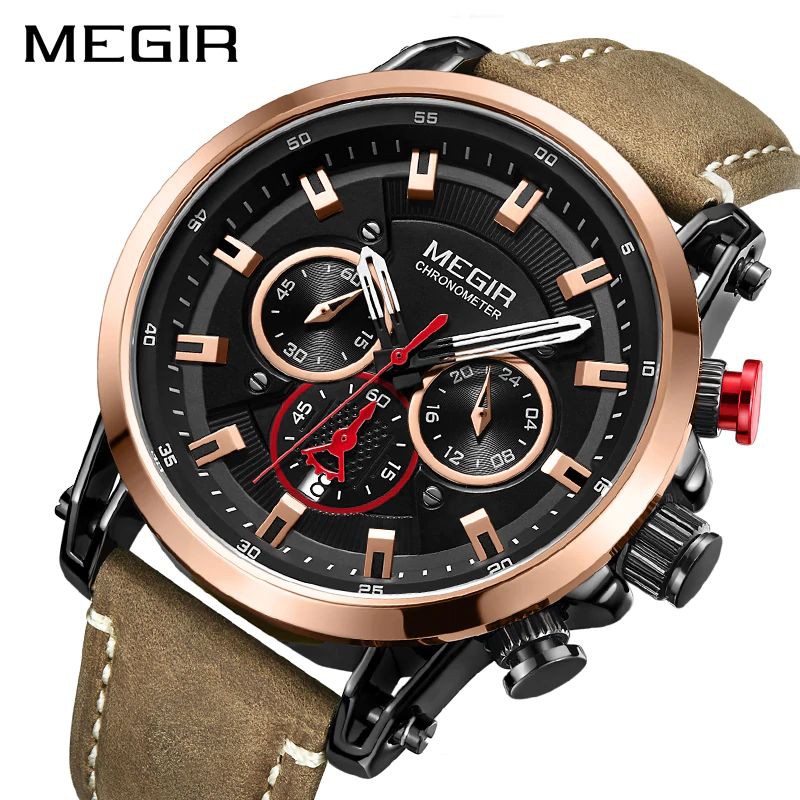 MEGIR 2085 Jam Tangan Pria Analog Chronograph Aktif Tali Kulit CURRENOS