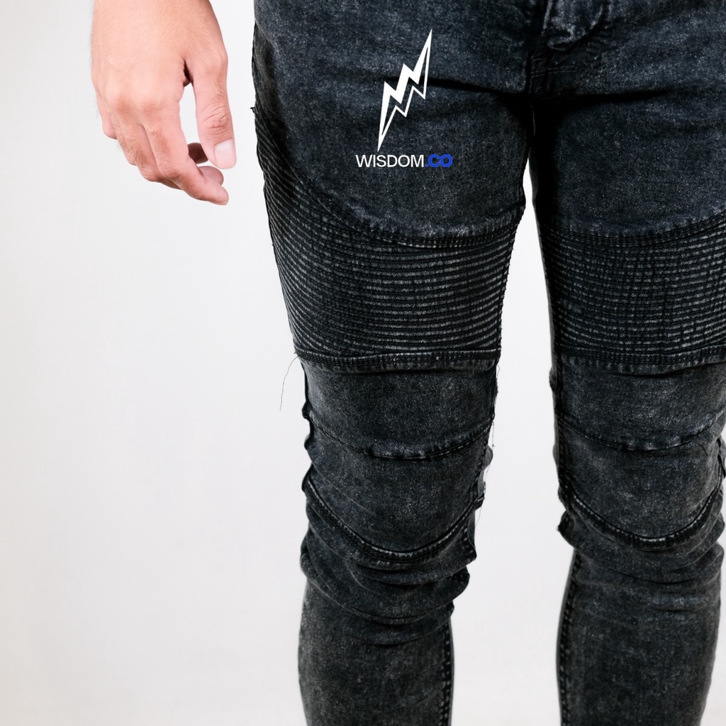 Wisdom - Celana Jeans  Bikers Snow Black Acid Full Ripped Premium Softjeans Stretch