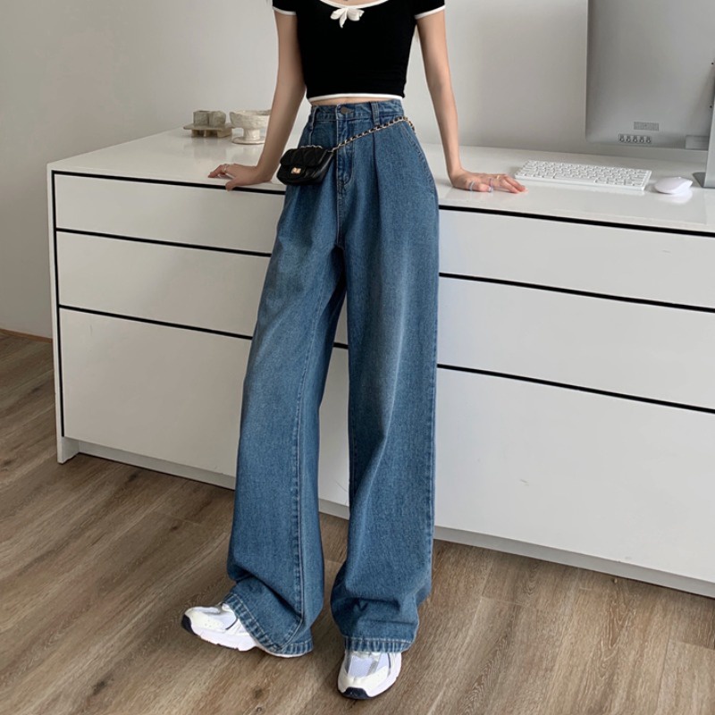 New biru laut high waist murah celana jeans panjang wanita boyfriend kulot