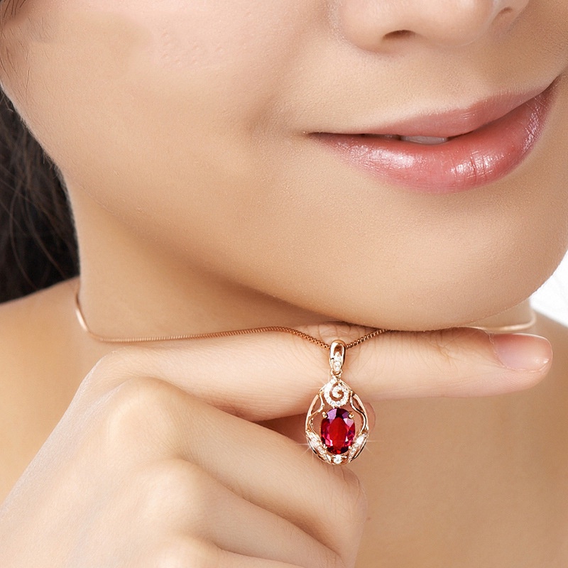 [Ready Stock]Fashion New Ruby Pendant 18K Rose Gold Plated Necklace