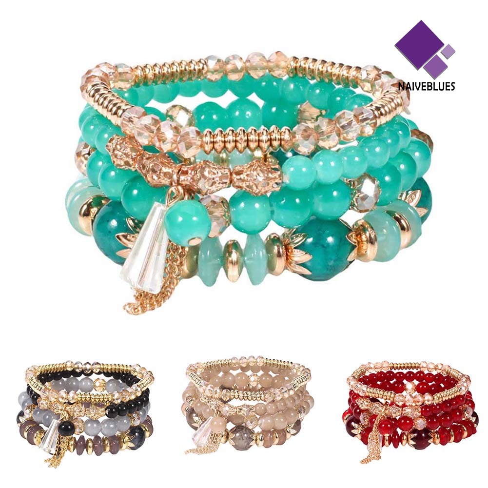 Naiveblue 4Pcs / Set Gelang Tangan Rantai Manik Batu Agate Imitasi Gaya Boho Untuk Wanita