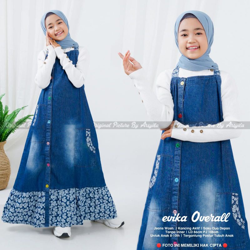 Evika Overall Jeans Anak Perempuan Usia 8-10 Tahun Baju Kodok Rok Panjang Jins Remaja Overal Tanggun