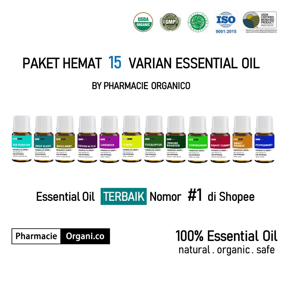 PAKET HEMAT ALL IN ONE 15 VARIAN ESSENTIAL OIL BY PHARMACIE ORGANICO 10 ML