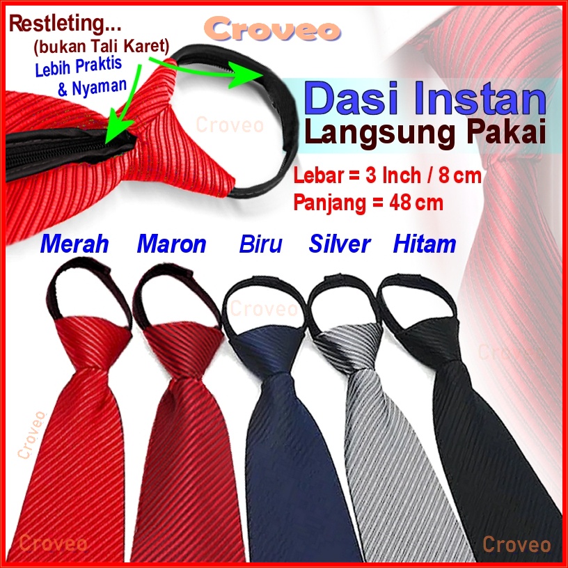 Dasi Pria Instan Resleting 3 Inch Garis Salur Instant Langsung 8 cm Otomatis Hitam Siap Pakai Jadi Zipper Formal Merah Warna Biru SIlver tie Necktie Praktis Velcro Remaja Polos Wisuda Seragam Kerja Kantor Pengantin Set Resmi Mewah Simpel Slim Premium Set