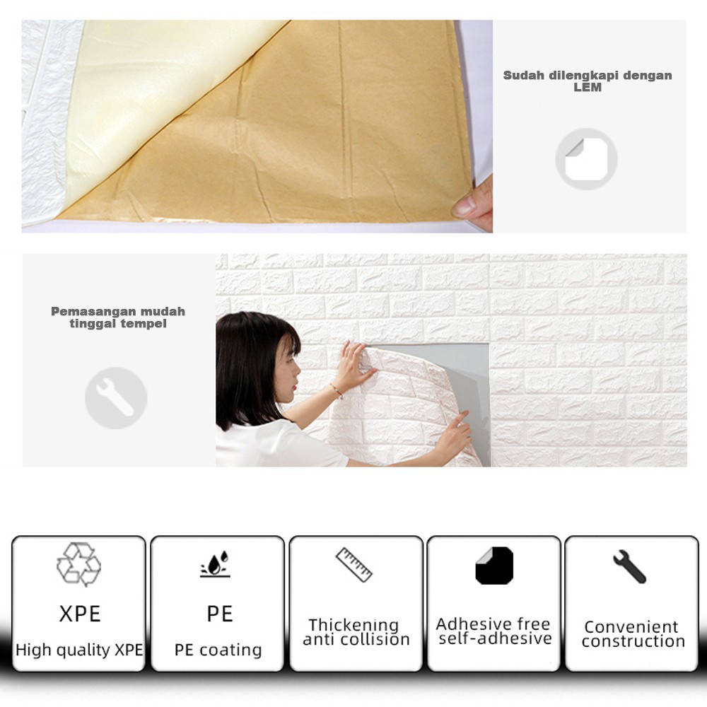 1 Wallpaper Dinding 3D 1Paket 10pcs 70cm x 77cm  Foam Timbul  Dekorasi Dinding Putih Bata CLASSIC wallpaper foam-3