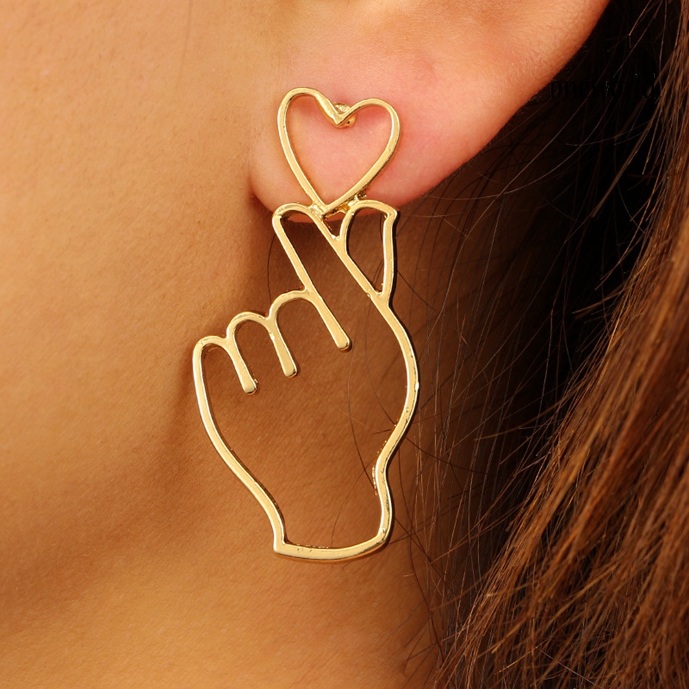 OW@ Women Fashion Hollow Finger Heart Gesture Drop Dangle Earrings Jewelry Gifts