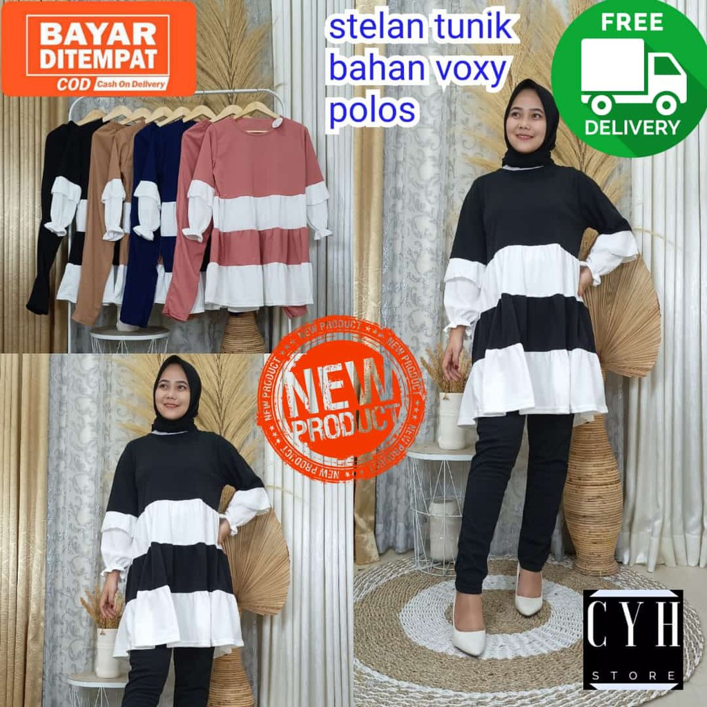 SETELAN TUNIK POLOS BAHAN VOXY / SETCEL / ONESET / FASHION MUSLIM / 3421