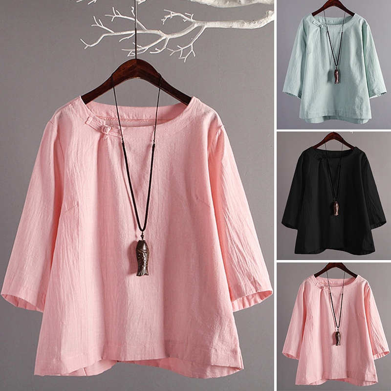 ZANZEA Womens Round Neck 3/4 Sleeve Casual Plus Size Blouse