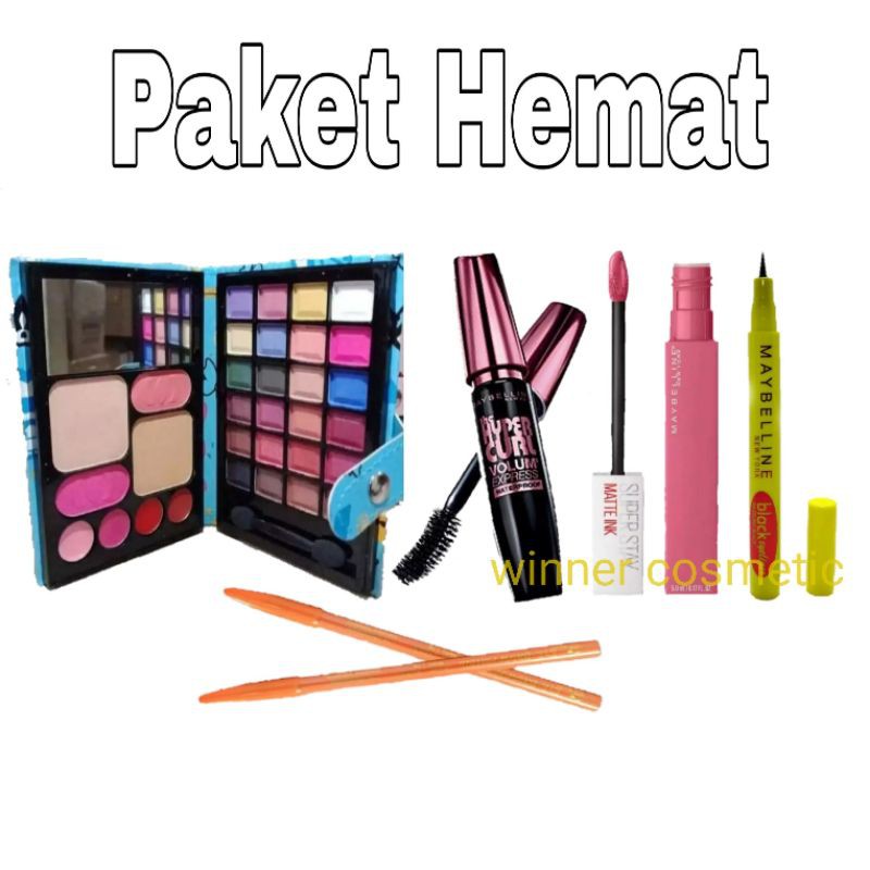 Paket Makeup Wanita Lengkap - Eyeshadow - Mascara - Eyeliner - Lipcream - Pensil Alis - Gratis Tas