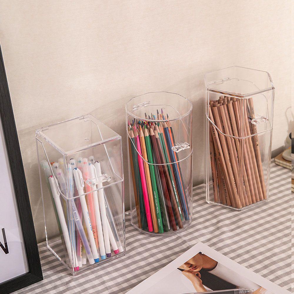 Lanfy Tempat Pulpen Transparan Hadiah Segiempat Perlengkapan Rumah/Kantor Tahan Debu Home Decor Geometric Pencil Case