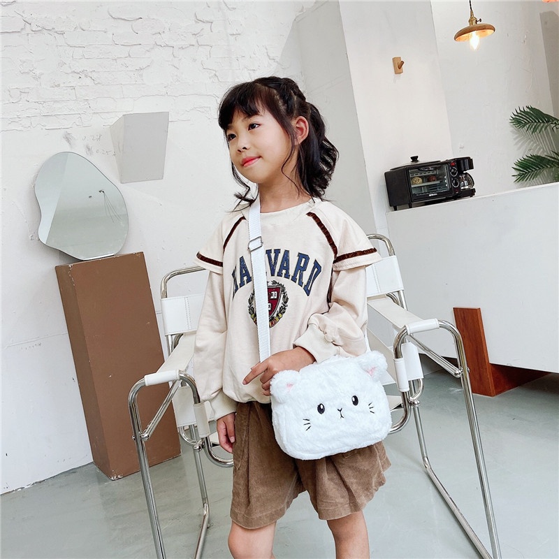 Tas Anak Model Kucing Kelinci Mini Lucu Tas Anak Perempuan Cat Rabbit Animal Cute Harajuku Style Bahan Bulu Bludru Plush Fluffy Fur Sling Bag Wanita Tas Kasual Korean Style Mewah