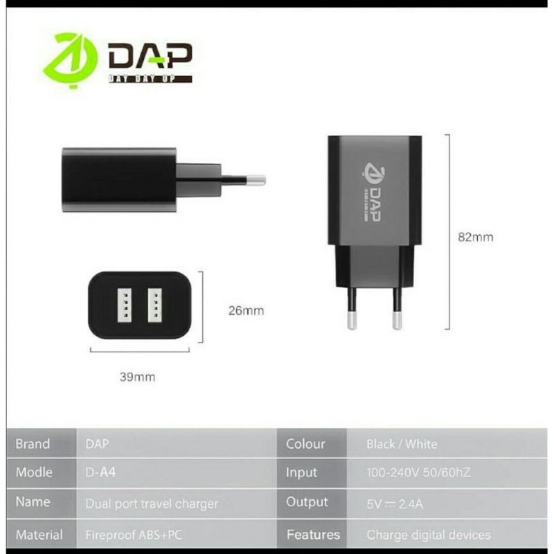 DAP D-A4 Head Charger 2 Port 2.4A Adaptor USB Fast Charging Batok Casan Dual USB