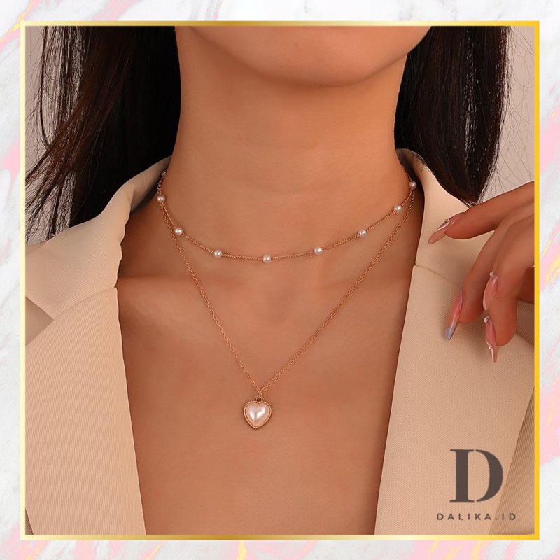 Kalung Mutiara Wanita Double Layer Hati Dalika