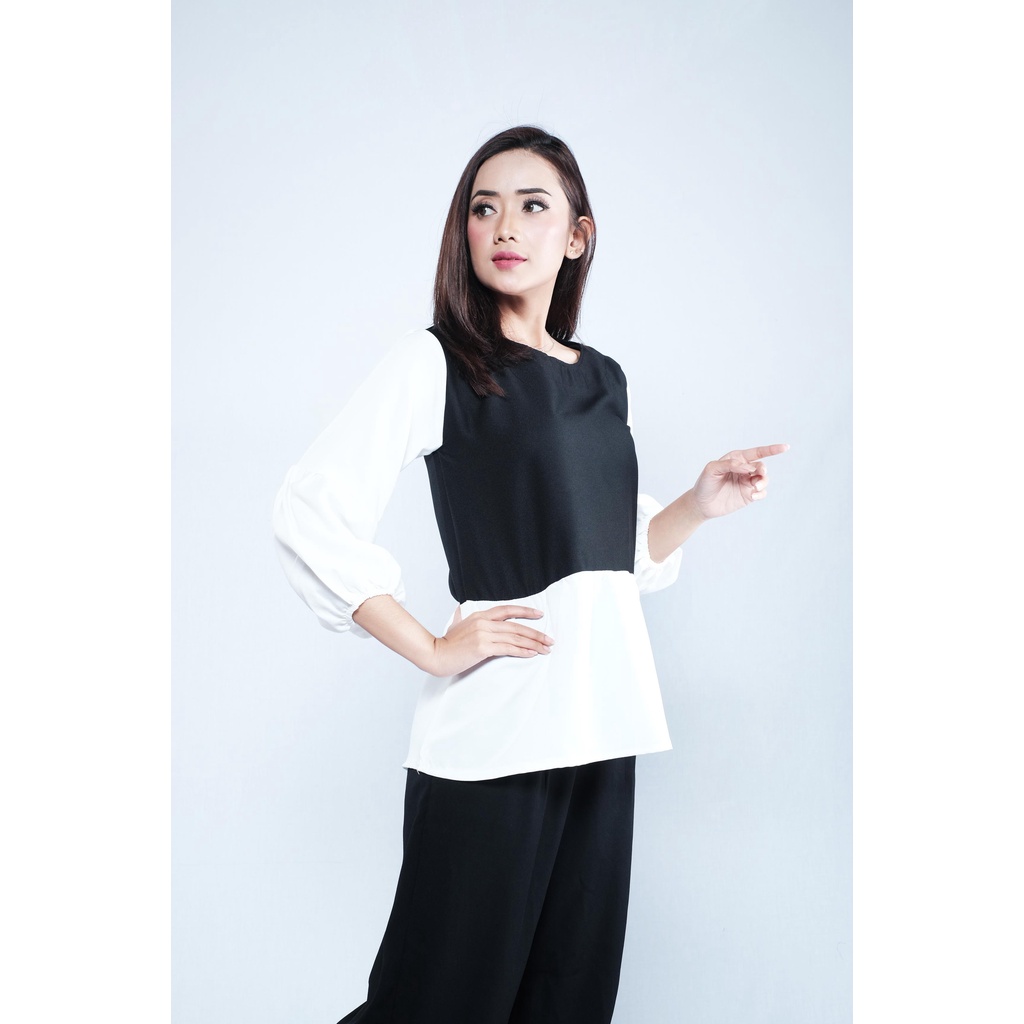 BLOUSE MONOCHROME BLACK AND WHITE FASHION WANITA HITS SELEBGRAM MUSLIMAH