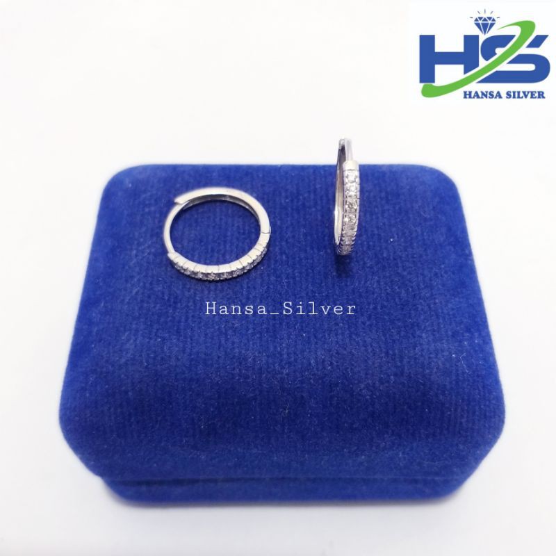 Anting Perak Asli Silver 925 Lapis Emas Putih Model Jepit Bulat Satu Baris Permata - Anting Wanita Anti Karat