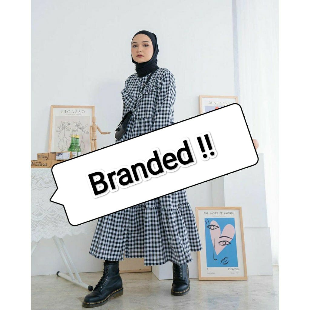 Tarta Midi Dress - Baju Gamis Kotakkotak Terbaru Model Kekinian Bahan Katun Adem Casual Dres Korea Fashion Muslim Jumbo Bisa COD