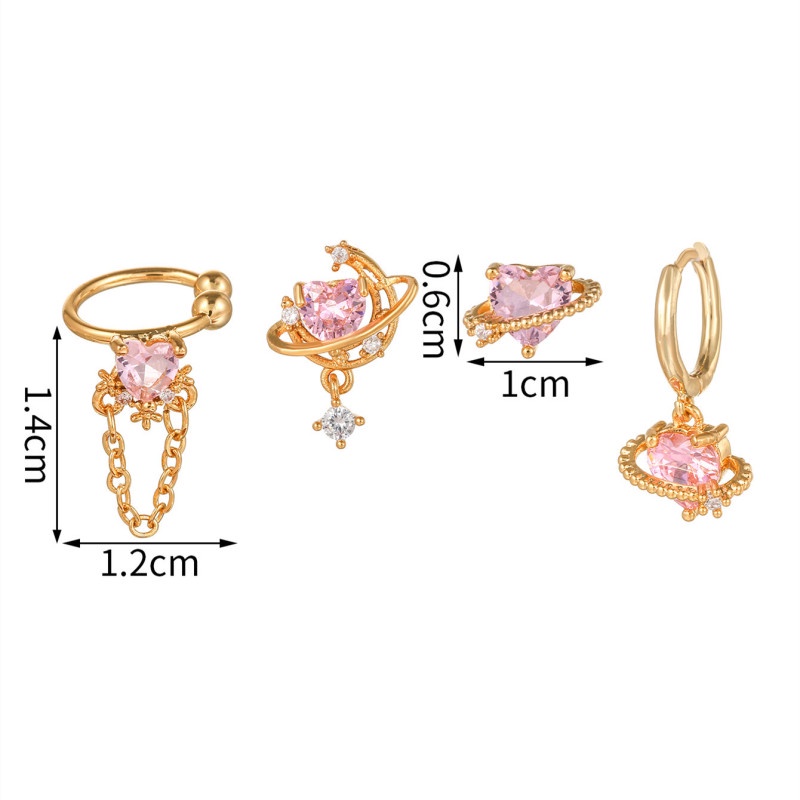 4 Pcs / set Anting Stud Zirconium 18K Gold-plated Bentuk Hati Warna Pink Peach Untuk Wanita