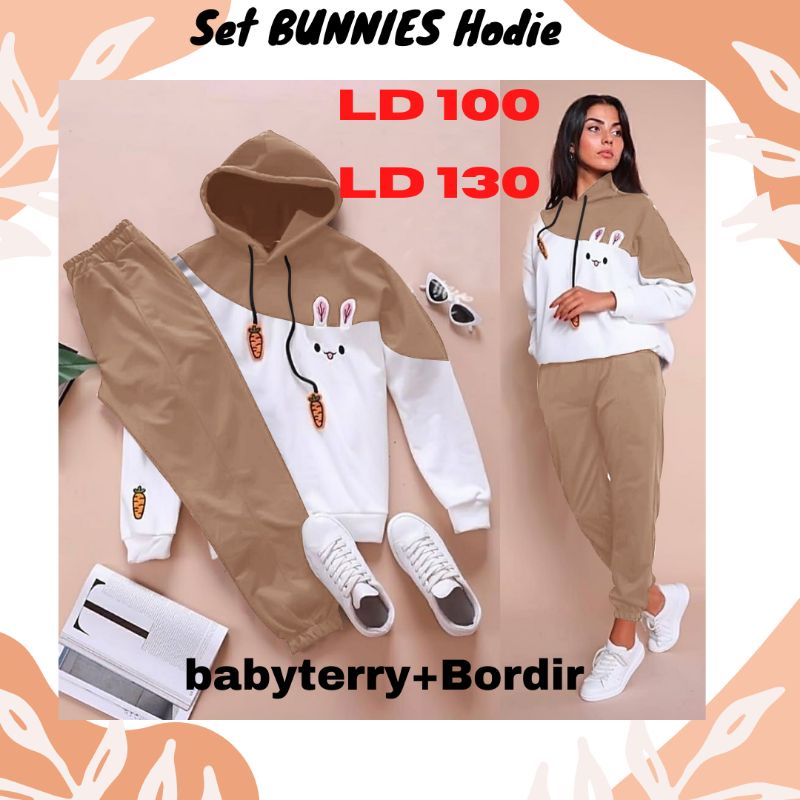 ADA REAL PICT LD130/LD100 ONE SET BUNNIES HODIE BABYTERRY+BORDIR SETELAN JUMBO PAKAIAN WANITA TERMUR