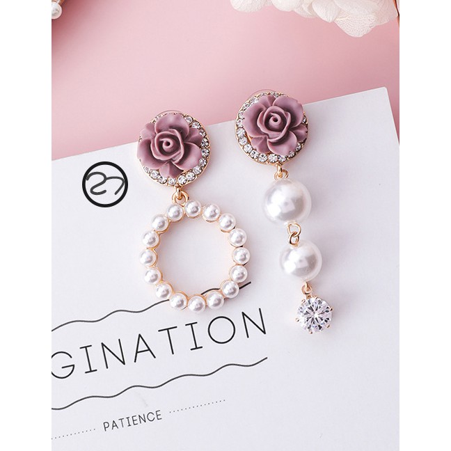 LRC Anting Tusuk Fashion Pink+gray Flower Shape Decorated Earrings