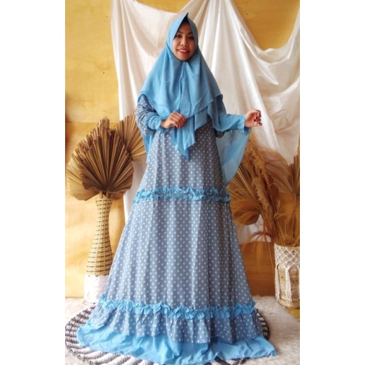 GAMIS SET NIKITA POLKADOT DEWASA CERUTY BABY DOLL JUMBO REMPEL + KHIMAR DUA LAYER