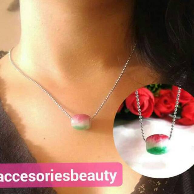 Kalung Titanium Liontin Giok Aceh Pancawarna Natural Batu Berserat