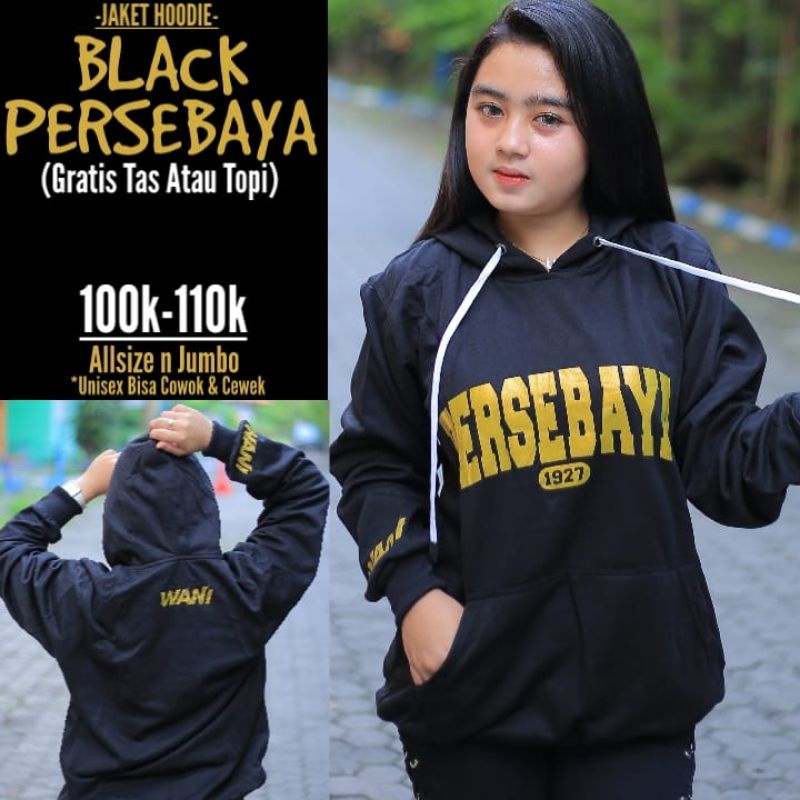 Jaket Hoodie BLACK PERSEBAYA Wani 1927 Hitam Gold Bonek Bonita Premium
