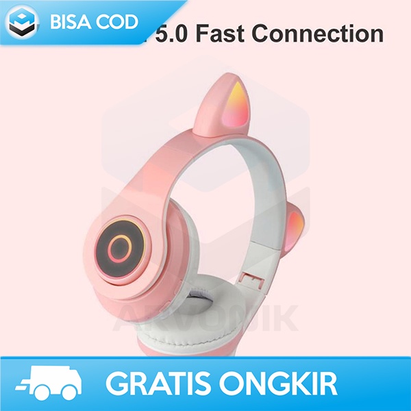 HEADPHONE LUCU HEADSET BLUETOOTH TELINGA KUCING 400MAH 10 METER PINK