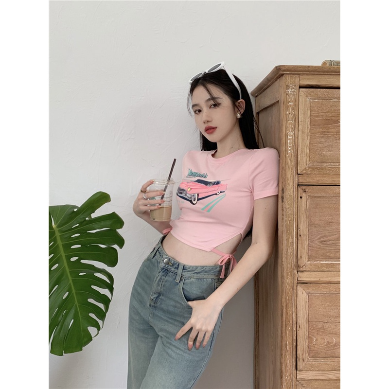 T-shirt renda wanita musim panas pink manis babes lengan pendek retro print ketat celah tipis croppe