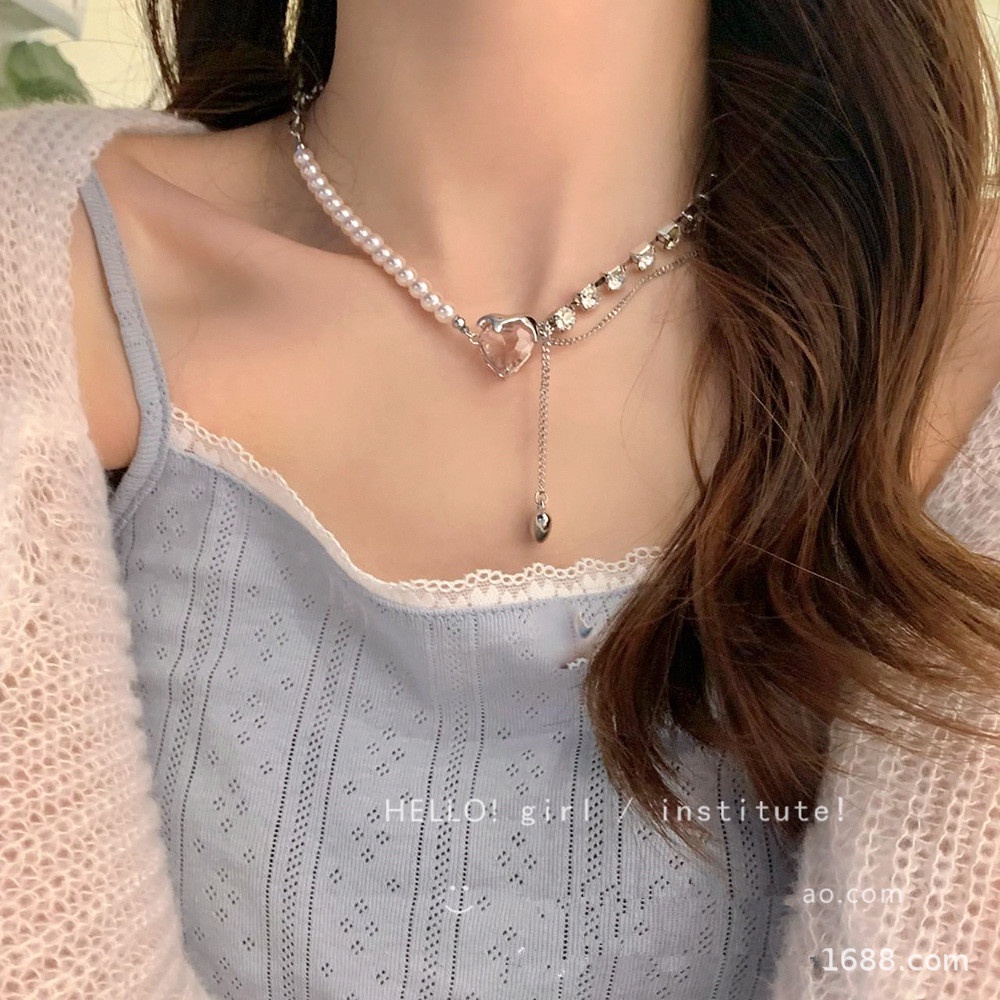 Kalung Wanita Dengan Liontin Kristal Mutiara Bentuk Hati Warna Pink Untuk Pesta Pernikahan