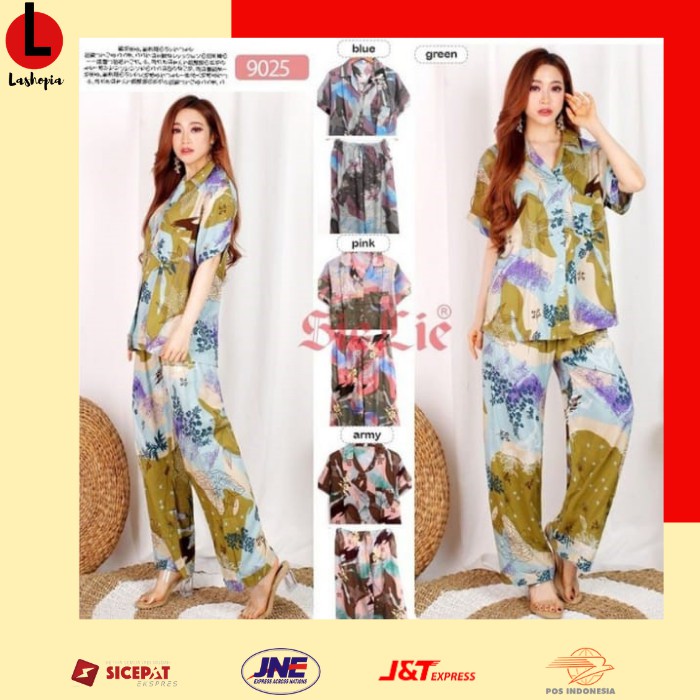 Piyama baju tidur rayon tangan pendek wanita dewasa kekinian motif abstrak Sie Lie