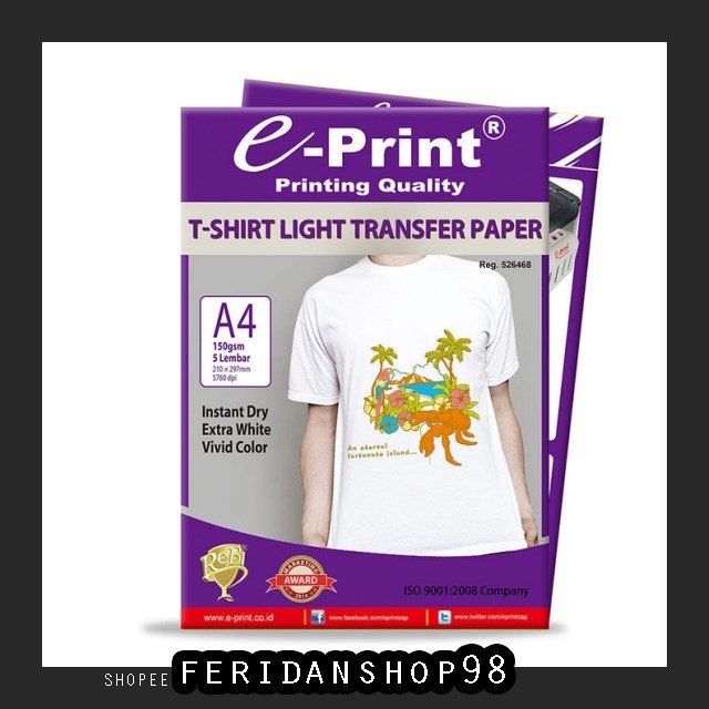 

FS360 KERTAS PRINT & FOTOCOPY KERTAS TRANSFER PAPER ATK E-PRINT A4 UNTUK KAOS TERANG 5760 DPI BY FER