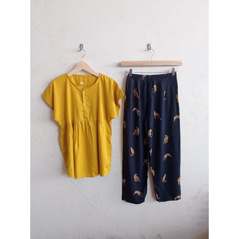 SETELAN BAJU TIDUR PIYAMA WANITA ONE SET PAJAMAS RUFFLE KANCING BUSUI CELANA PANJANG-BBR 26