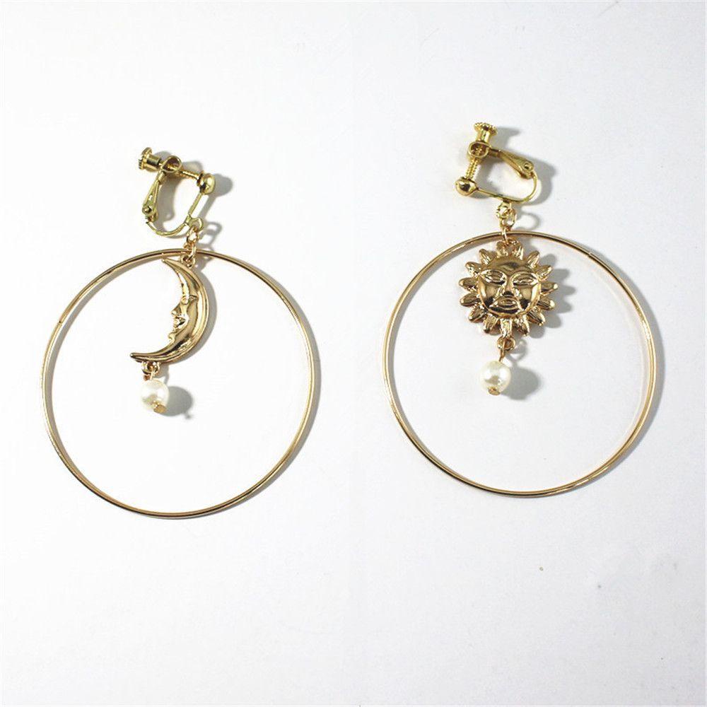 R-bunga Menjuntai Anting Drop Anting Emas Ear Clip Pendant Earrings Sun moon