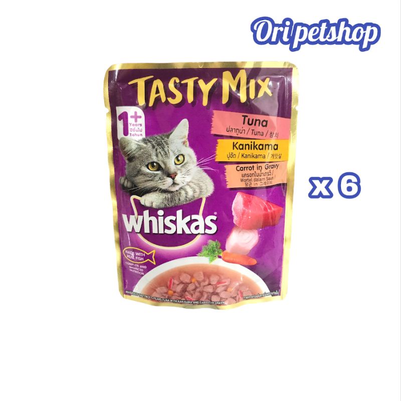 (6pcs) Whiskas Tasty Mix Pouch Sachet 70gr - Tuna Kanikama Carrot In Gravy