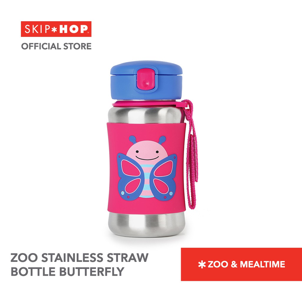 SKIP HOP Zoo Stainless Straw Bottle  (3Y+) Dengan Strap / Botol Minum Anak Stainless Steel  / Anti Karat/ SKIPHOP ZOO / SKIP HOP ZOO SS BOTTLE / Botol Minum Sekolah anak / anti tumpah/ Botol minum stainless anak lucu karakter /Tahan Lama Panas dan Dingin