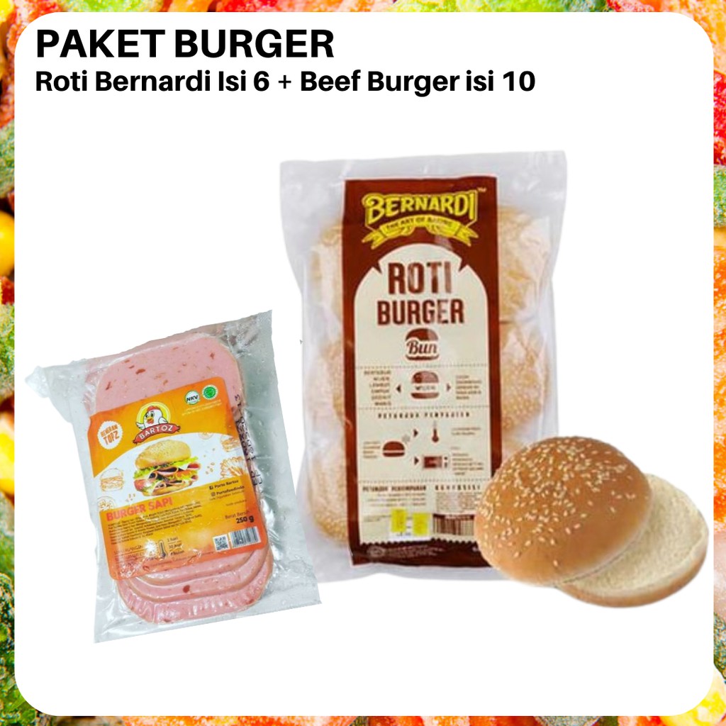 

(Khusus AREA SUMBAR) Paket Hemat Burger Roti Bernardi Isi 6 dan Beef Sapi Bartoz isi 10 Cemilan Sandwic Frozenfood Padang