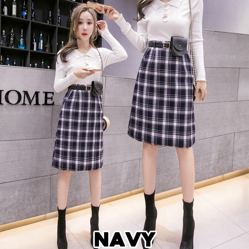 KARAKOREA 831 Irene Skirt/Korean Midi Skirt/Rok Midi Motif Kotak/Rok Autumn/Rok Korea Skirt/Rok Kotak