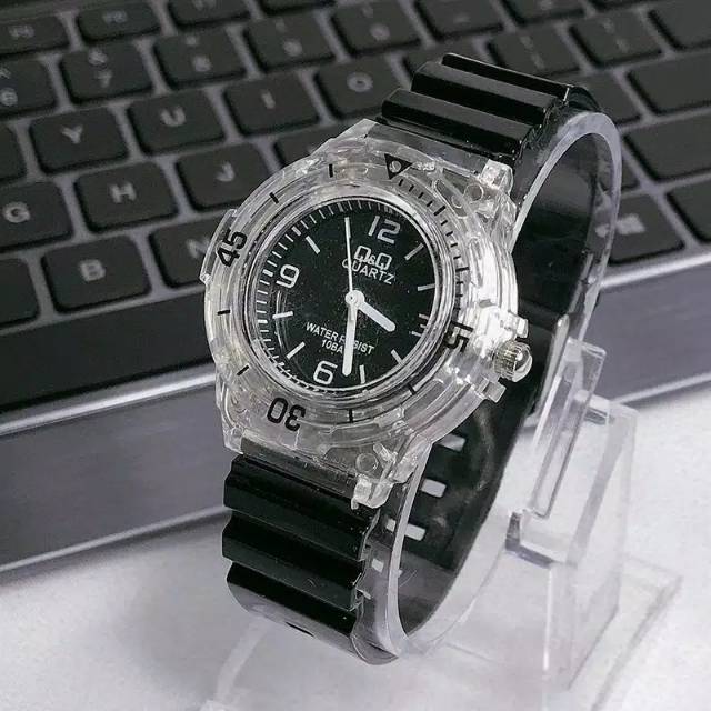 [WBS] jam Tangan Q&Q Jell6 Angka Balok Rubber Kepala Transparan bening Karet /QQ011