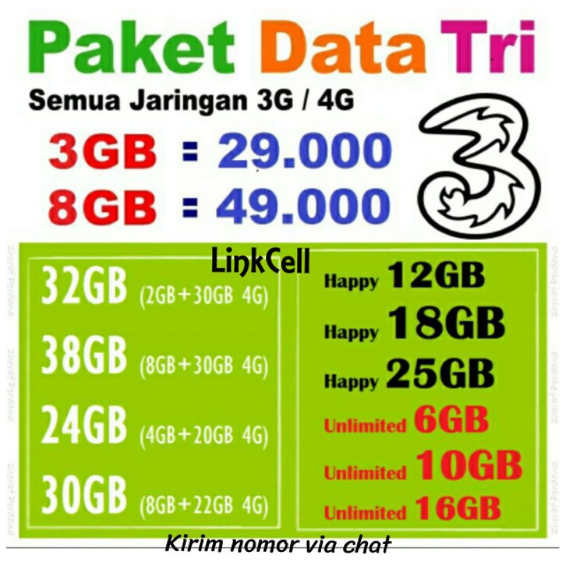 Paket Data Internet Tri AON 1,5gb 2gb 3gb 6gb + Unlimited 6gb & 10gb