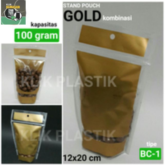 PLASTIK KLIP GOLD KOMBINASI 100GR/STANDING POUCH/KEMASAN KOPI SNACK