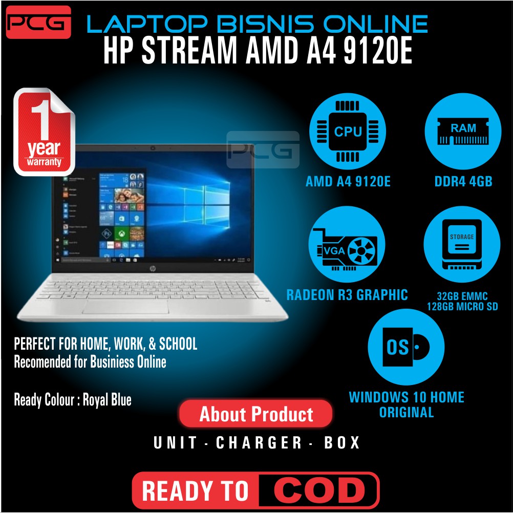 LAPTOP NOTEBOOK OFFICE HP STREAM 14 AMD A4 9120E RAM 4GB STORAGE 160GB LEPTOP GAMING EDITING MURAH