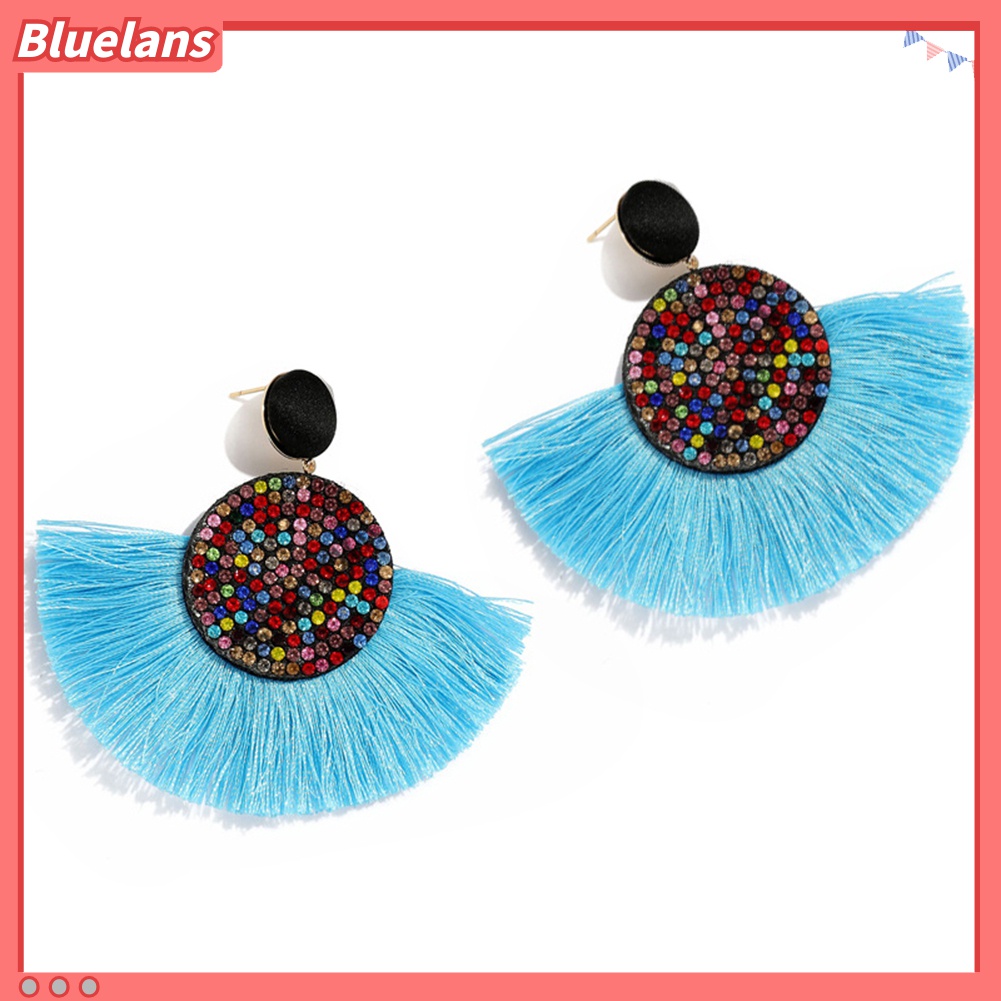 Anting Stud Bentuk Kipas Rumbai Aksen Berlian Imitasi Gaya Bohemia Untuk Wanita