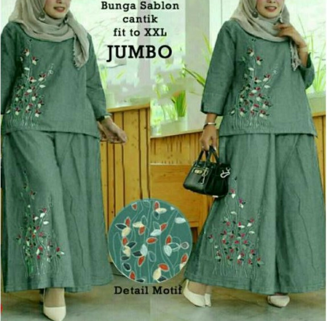 Murah!!!! Setelan Bonita Jumbo 7831 Blus Tangan Panjang Dan Celana Kulot Wanita Sablon Bunga / Baju 