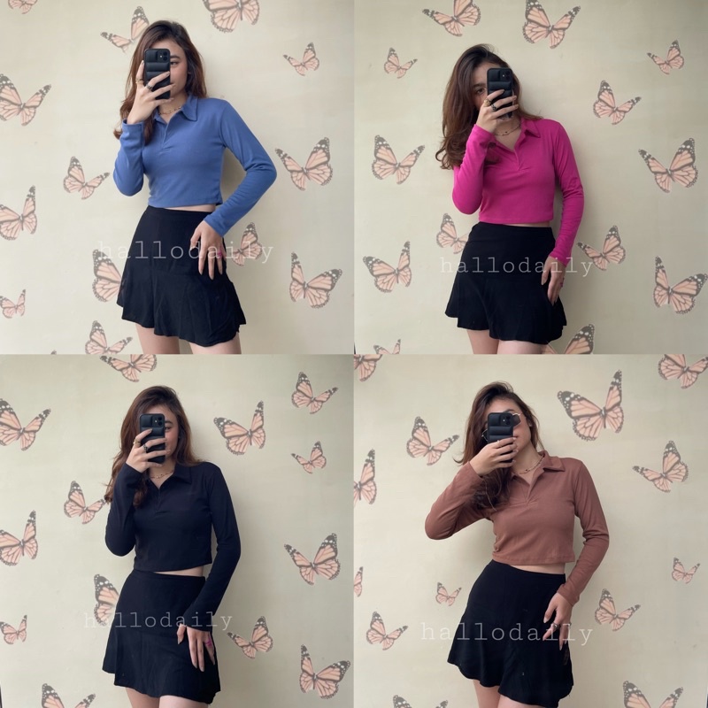 CROPTOP LENGAN PANJANG KERAH V-NECK BAHAN RIB PREMIUM