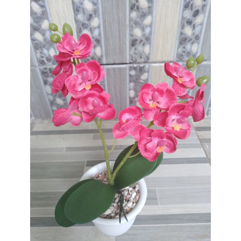 tanaman anggrek mini, pohon plastik, bunga plastik.