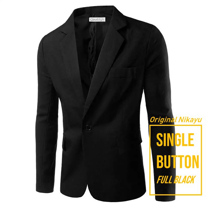 BLAZER PRIA WARNA HITAM SLIMFIT HIGH TWIST PREMIUM FULL BLACK SINGLE BUTTON ORIGINAL NIKAYU