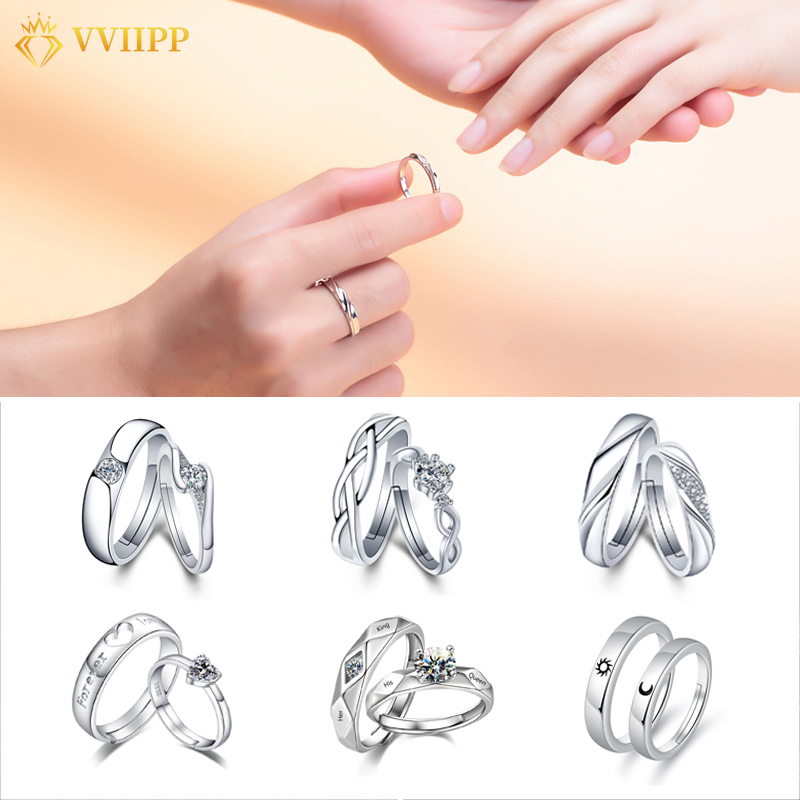 2pcs / Pasang Cincin Silver Hias Berlian Gaya Korea Untuk Pasangan