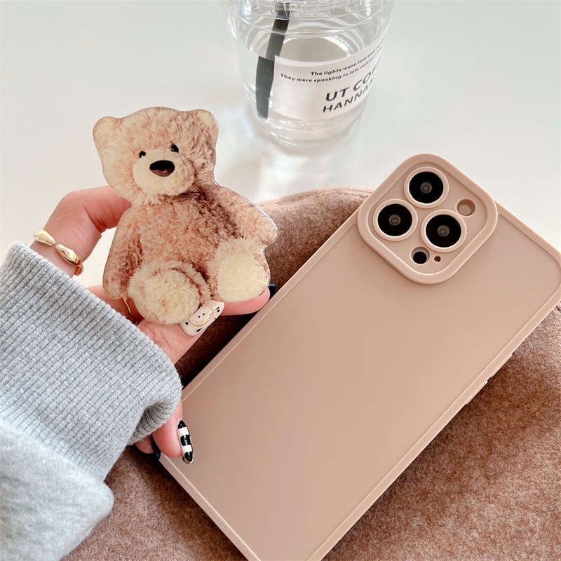 IPHONE Teddy Bear Phone Holder Case Pelindung Warna Teh Susu Soft Cover Untuk Iphone7 8 PLUS XR Xs11 12 13 PRO MAX SE 2020