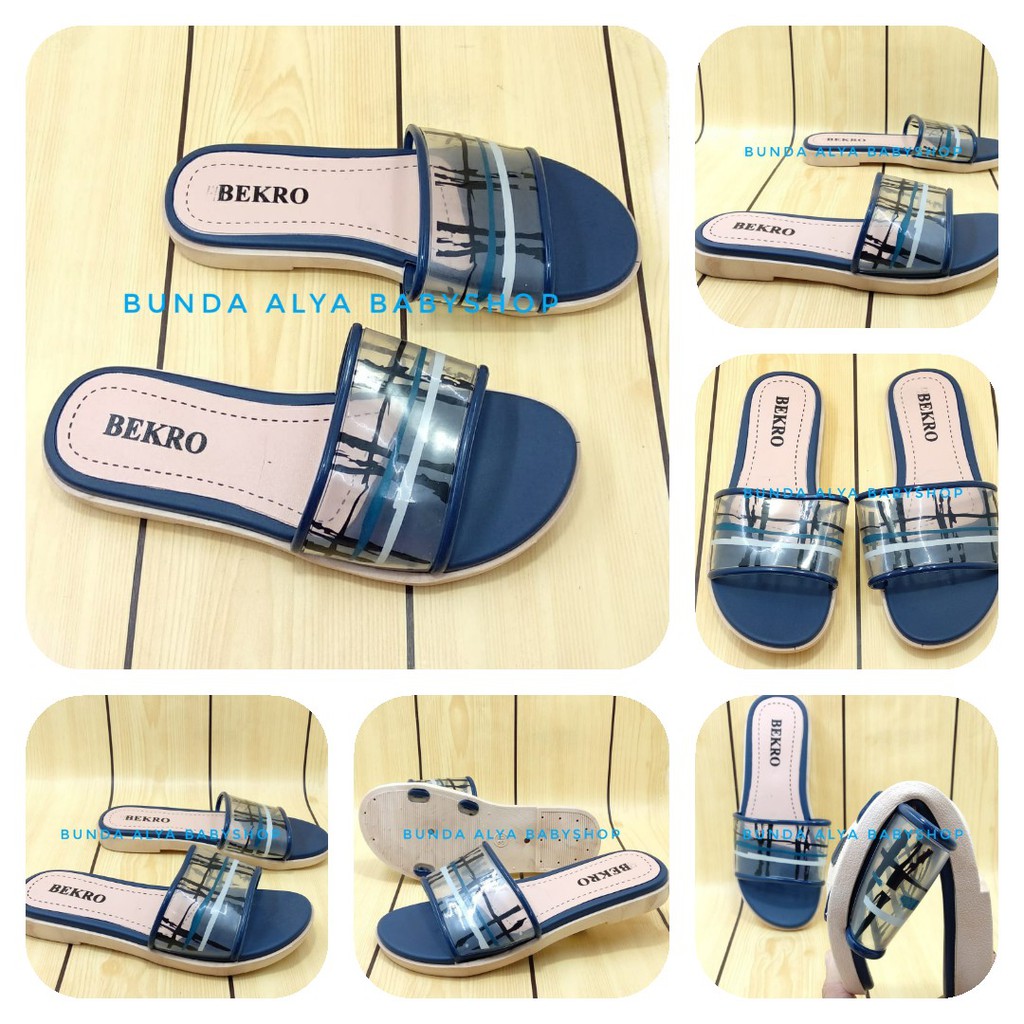 Sandal Slop Wanita Flat Teplek Terbaru Kekinian Sendal Selop Perempuan Slip Cewek Slide Ibu Pesta Kondangan - Sandal Wanita Slop NAVY Kotak Size 36 - 40  - Sendal Slop Wanita Alas Karet BEKRO - Sendal SALE